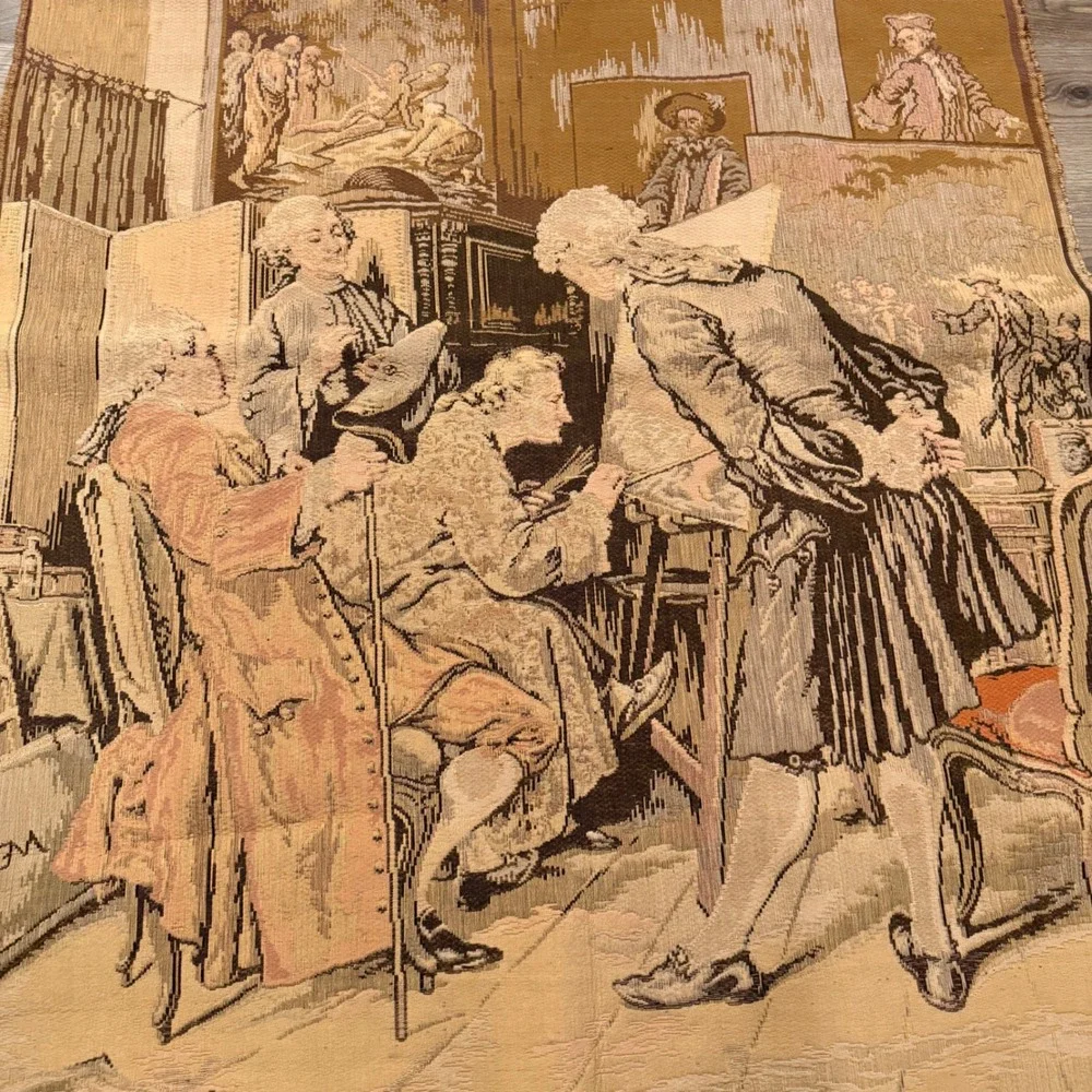 Vintage‎ 18th Century Court Scene Woven Wall Tapestry with Hanging Rings Brown